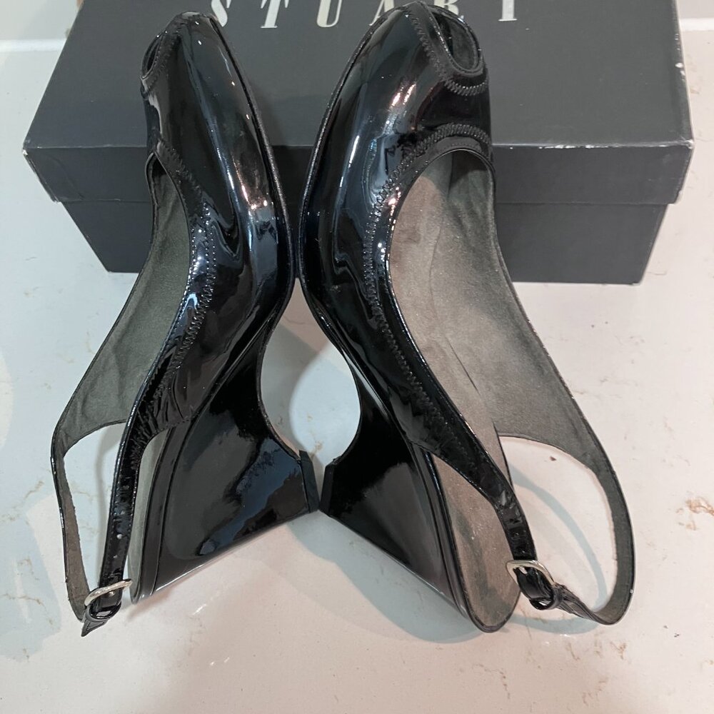 Stuart Weitzman Black Patent Peep-Toe Wedges - Size 7.5 - Like New (Retail $350)